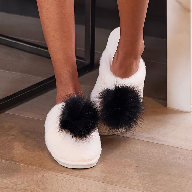 Bella Sleep+ Spa- Plush Pom Pom Slippers- Ivory/ black