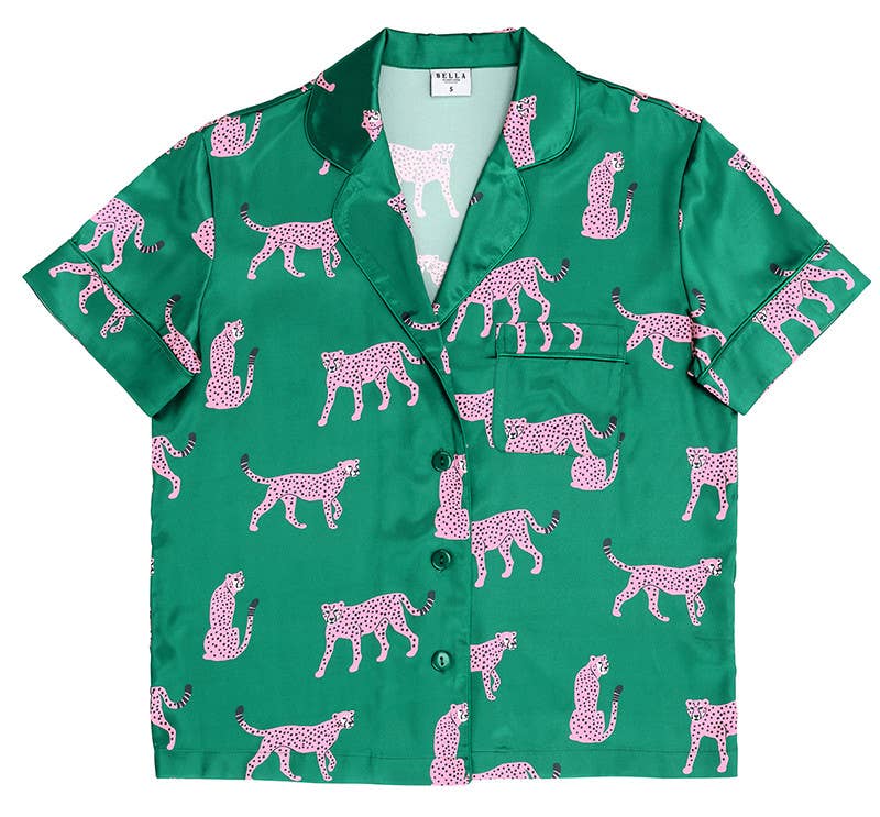 PJ Set with Velvet Tie - Green + Cheetahs