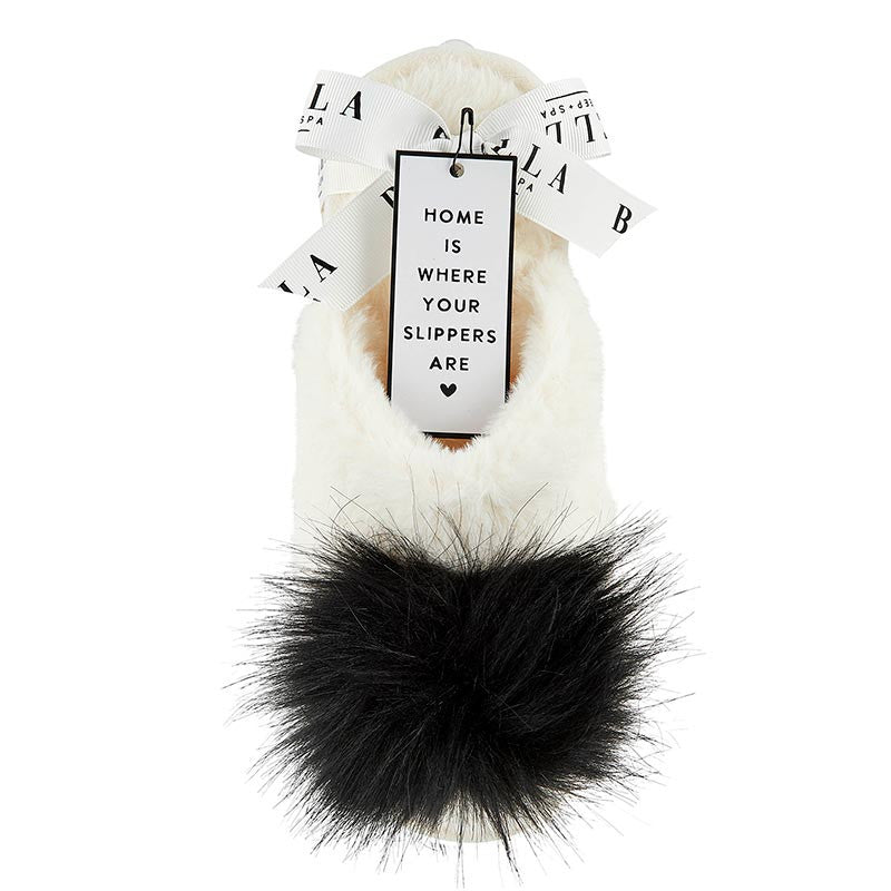 Bella Sleep+ Spa- Plush Pom Pom Slippers- Ivory/ black