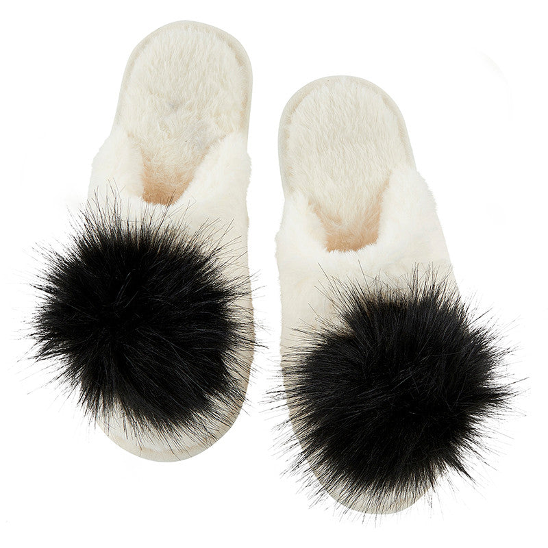 Bella Sleep+ Spa- Plush Pom Pom Slippers- Ivory/ black
