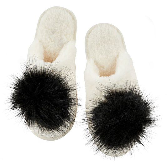 Bella Sleep+ Spa- Plush Pom Pom Slippers- Ivory/ black