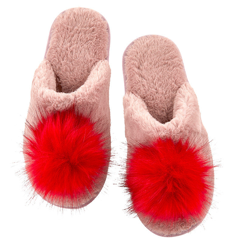 Bella Sleep+Spa Plush Pom Pom Slippers- Blush/Red Size (9-10)