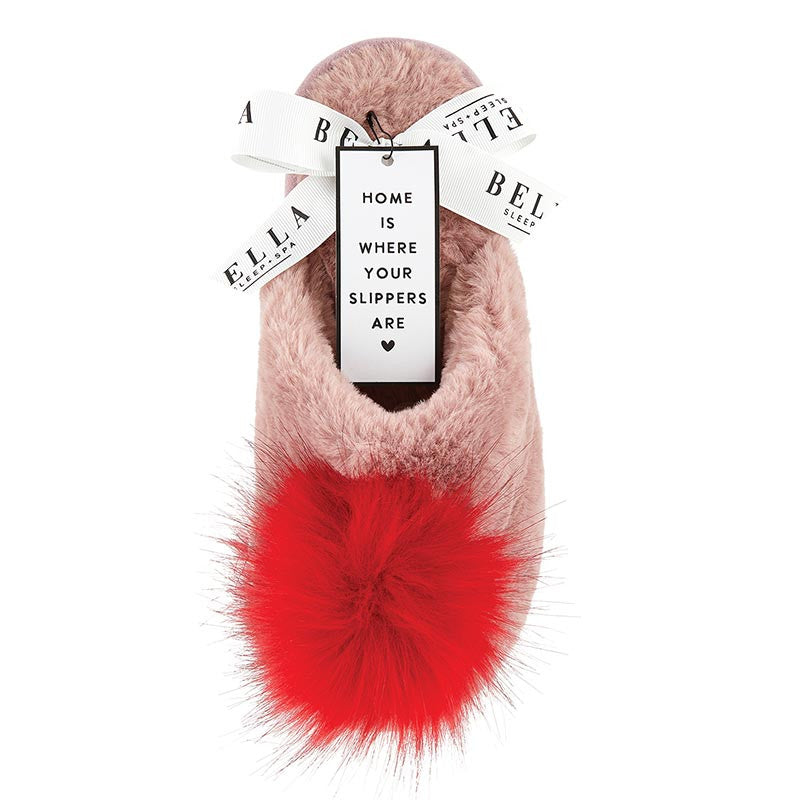 Bella Sleep+Spa Plush Pom Pom Slippers- Blush/Red Size (9-10)