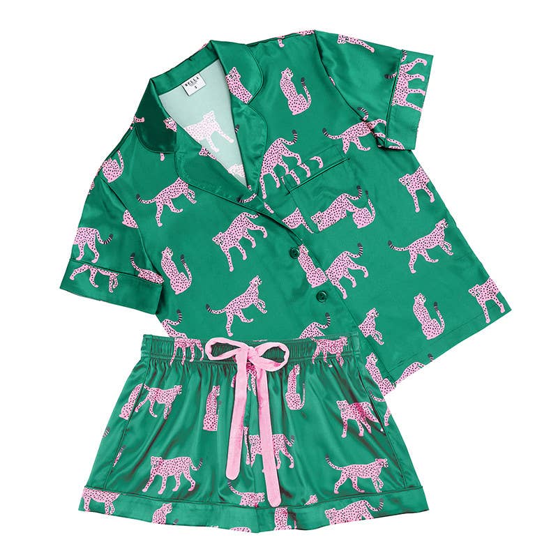 PJ Set with Velvet Tie - Green + Cheetahs