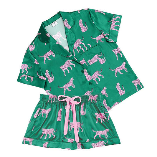 PJ Set with Velvet Tie - Green + Cheetahs